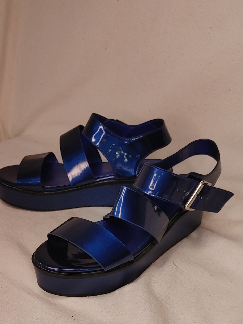 Patent Leather Electric Navy Blue Platform Sandals - Women's Strappy Buckle